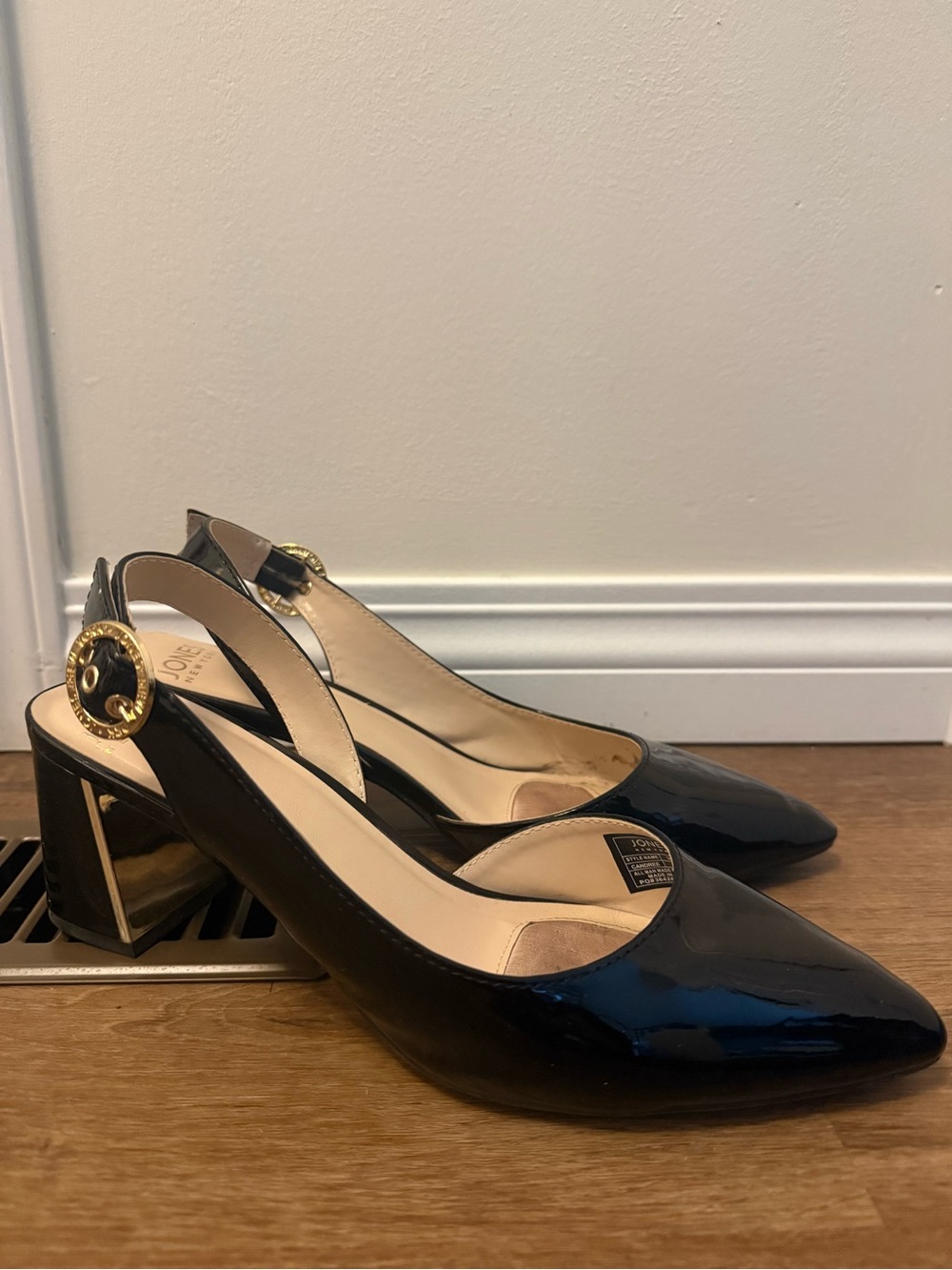 Jones New York Black Patent Slingback Block Heels with Gold Accent